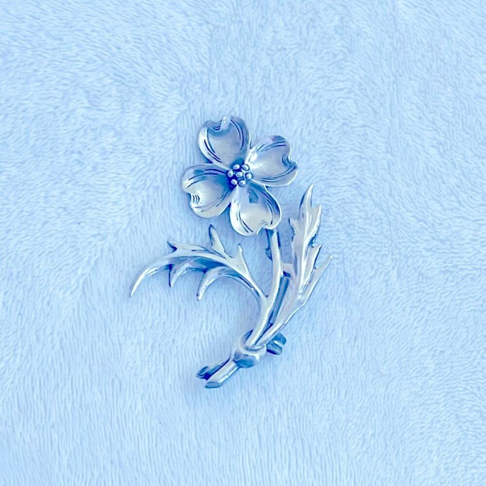 Vtg Sterling Silver Brooch Pin Dogwood Flower Blossom Leaves Lapel